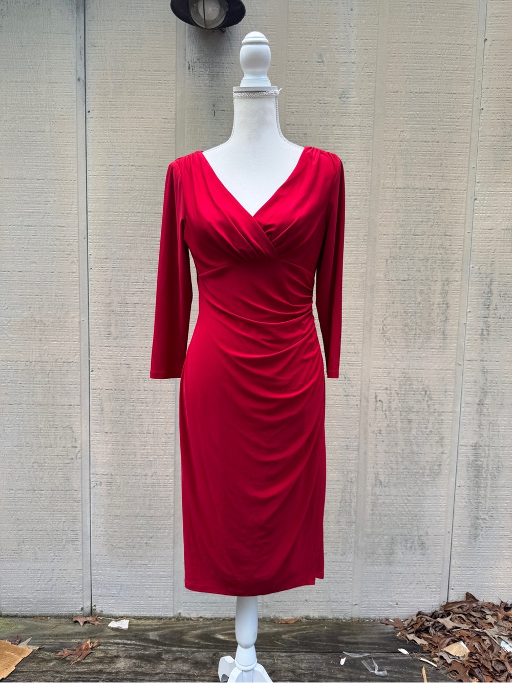 Lauren Ralph Lauren Red Ruched Front Long Sleeve Dress
